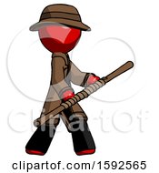 Red Detective Man Holding Bo Staff In Sideways Defense Pose