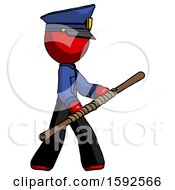 Red Police Man Holding Bo Staff In Sideways Defense Pose