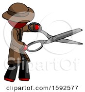Poster, Art Print Of Red Detective Man Holding Giant Scissors Cutting Out Something