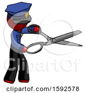 Poster, Art Print Of Red Police Man Holding Giant Scissors Cutting Out Something