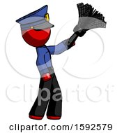 Red Police Man Dusting With Feather Duster Upwards