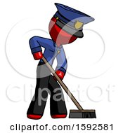 Red Police Man Cleaning Services Janitor Sweeping Side View