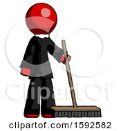 Red Clergy Man Standing With Industrial Broom
