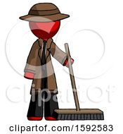 Red Detective Man Standing With Industrial Broom