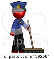 Red Police Man Standing With Industrial Broom
