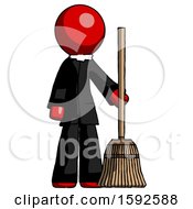 Red Clergy Man Standing With Broom Cleaning Services