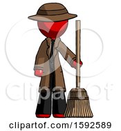 Red Detective Man Standing With Broom Cleaning Services