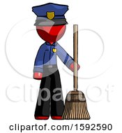Red Police Man Standing With Broom Cleaning Services