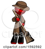Red Detective Man Sweeping Area With Broom