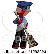 Red Police Man Sweeping Area With Broom