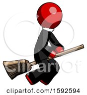 Red Clergy Man Flying On Broom