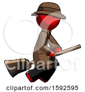 Red Detective Man Flying On Broom