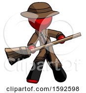 Red Detective Man Broom Fighter Defense Pose