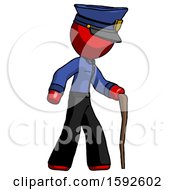 Red Police Man Walking With Hiking Stick