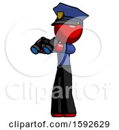 Red Police Man Holding Binoculars Ready To Look Left