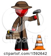 Poster, Art Print Of Red Detective Man Under Construction Concept Traffic Cone And Tools