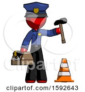 Poster, Art Print Of Red Police Man Under Construction Concept Traffic Cone And Tools