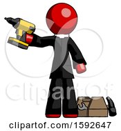 Poster, Art Print Of Red Clergy Man Holding Drill Ready To Work Toolchest And Tools To Right