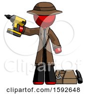Poster, Art Print Of Red Detective Man Holding Drill Ready To Work Toolchest And Tools To Right