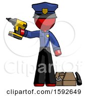 Poster, Art Print Of Red Police Man Holding Drill Ready To Work Toolchest And Tools To Right
