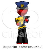 Red Police Man Holding Large Drill