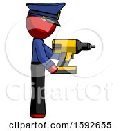 Poster, Art Print Of Red Police Man Using Drill Drilling Something On Right Side