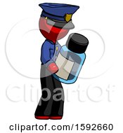 Red Police Man Holding Glass Medicine Bottle
