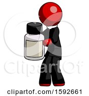Red Clergy Man Holding White Medicine Bottle