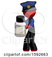 Red Police Man Holding White Medicine Bottle
