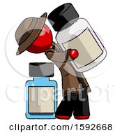 Red Detective Man Holding Large White Medicine Bottle With Bottle In Background
