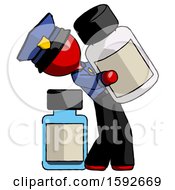 Poster, Art Print Of Red Police Man Holding Large White Medicine Bottle With Bottle In Background