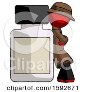 Red Detective Man Leaning Against Large Medicine Bottle