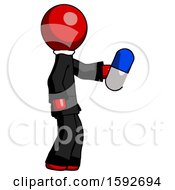 Poster, Art Print Of Red Clergy Man Holding Blue Pill Walking To Right