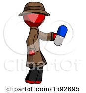 Red Detective Man Holding Blue Pill Walking To Right