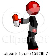 Red Clergy Man Holding Red Pill Walking To Left