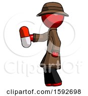 Poster, Art Print Of Red Detective Man Holding Red Pill Walking To Left