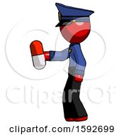 Red Police Man Holding Red Pill Walking To Left