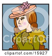 Long Haired Victorian Woman With Flushed Cheeks Wearing A Hat And A Green Dress Clipart Illustration