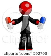 Red Clergy Man Holding A Red Pill And Blue Pill