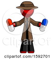 Red Detective Man Holding A Red Pill And Blue Pill