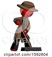 Red Detective Man Cleaning Services Janitor Sweeping Floor With Push Broom