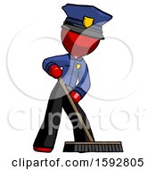 Red Police Man Cleaning Services Janitor Sweeping Floor With Push Broom