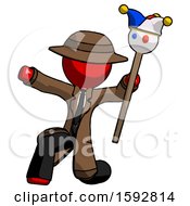 Red Detective Man Holding Jester Staff Posing Charismatically