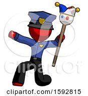 Red Police Man Holding Jester Staff Posing Charismatically