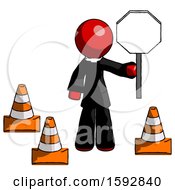 Poster, Art Print Of Red Clergy Man Holding Stop Sign By Traffic Cones Under Construction Concept