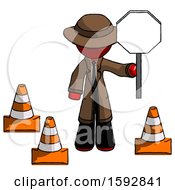 Poster, Art Print Of Red Detective Man Holding Stop Sign By Traffic Cones Under Construction Concept