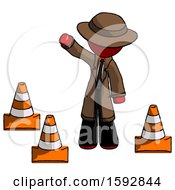 Poster, Art Print Of Red Detective Man Standing By Traffic Cones Waving