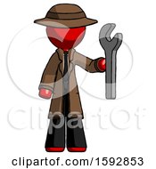 Red Detective Man Holding Wrench Ready To Repair Or Work