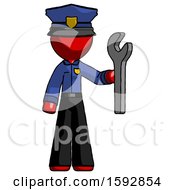 Red Police Man Holding Wrench Ready To Repair Or Work