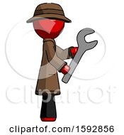 Red Detective Man Using Wrench Adjusting Something To Right
